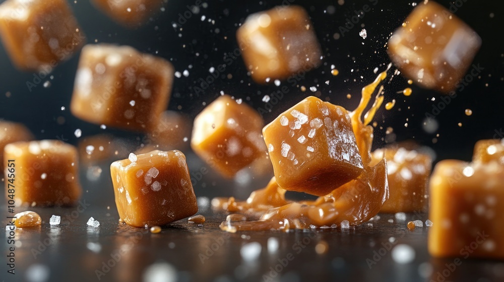Flying salted caramel candies, drizzled with rich caramel sauce and sprinkled with sea salt crystals. A dynamic, sweet indulgence. Flying salted caramel candies, drizzled with rich caramel sauce and sprinkled with sea salt crystals. A dynamic, sweet indulgence.