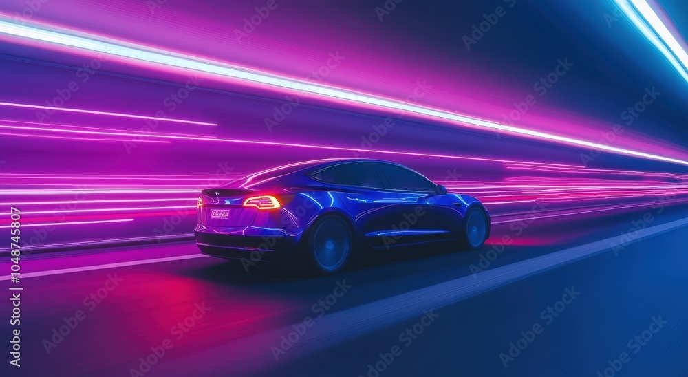 sleek electric vehicle speeding through neon-lit city streets sleek electric vehicle speeding through neon-lit city streets