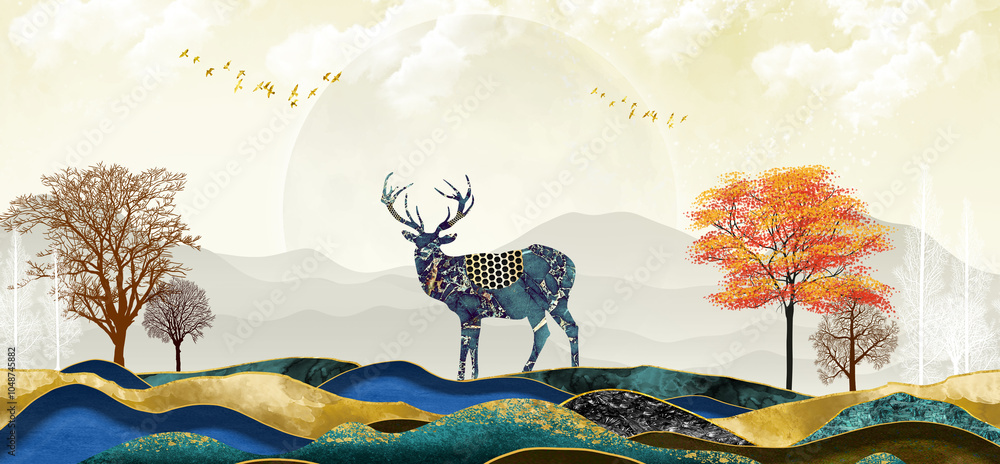 Naklejka premium 3d illustration wallpaper landscape art. Colorful trees, wavy mountains and deer in marble in light background 