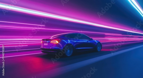 sleek electric vehicle speeding through neon-lit city streets