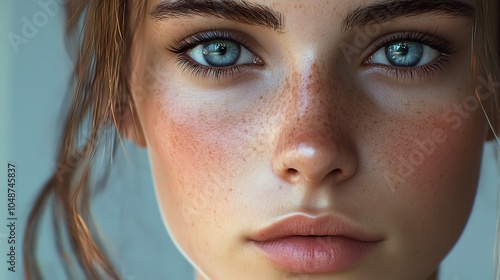 Young person with freckles and striking blue eyes gazes directly into the camera with soft lighting