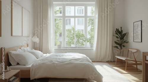 Minimalist bedroom with a decluttered space, neutral color palette, and simple yet functional furniture that emphasizes space and light.