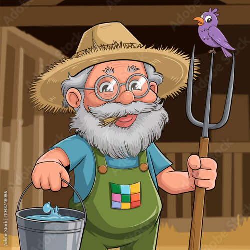 Cheerful farmer holding a pitchfork and a bucket.