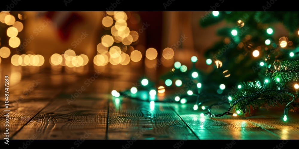 Green Fairy Lights with blurred festive indoor setting background, copy space, cinematic Green Fairy Lights with blurred festive indoor setting background, copy space, cinematic