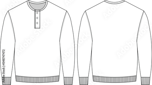 buttoned henley neck ribbed cuffef long sleeve ribbed hem basic fit man men mens sweater sweatshirt blouse top template technical drawing flat sketch cad mockup fashion  design style model 
