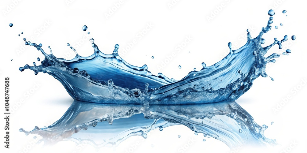 Obraz premium A splash of water creates a beautiful blue and white pattern, with the water droplets forming a crescent shape and reflecting off the surface.