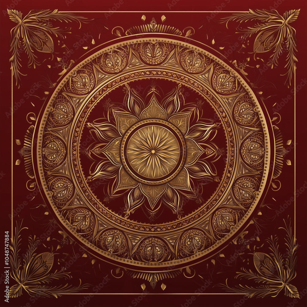 Ornate golden mandala on a deep red background, intricate decorative pattern with floral and geometric details