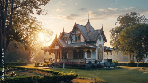 A Traditional Thai-Style House with Ornate Detailing in a Lush Garden at Sunset