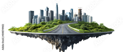 Fototapeta Naklejka Na Ścianę i Meble -  Flying island with road and modern city on transparency background PNG isolated on white background