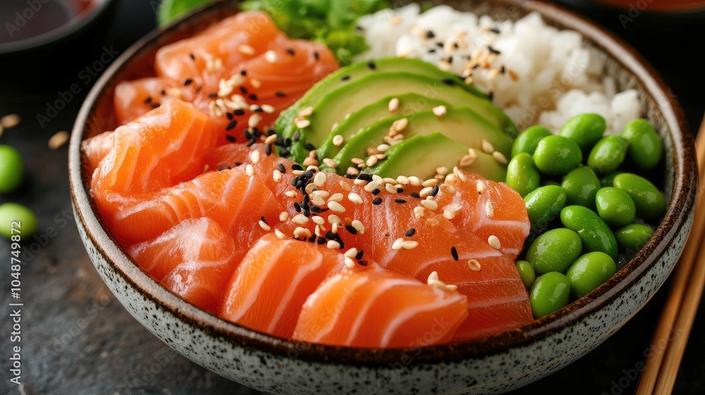 Fresh Salmon Sashimi with Avocado and Rice Bowl Fresh Salmon Sashimi with Avocado and Rice Bowl