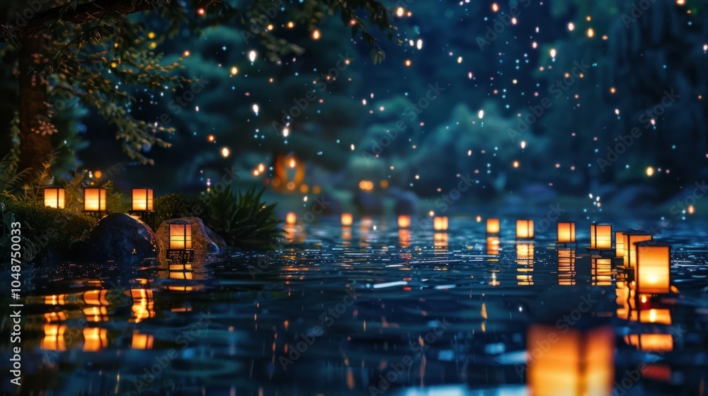 Glowing Lanterns Reflecting in a Still Pond at Night Glowing Lanterns Reflecting in a Still Pond at Night