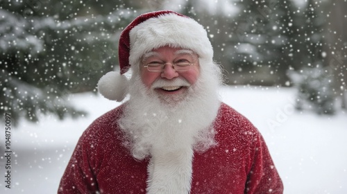 Santa Claus standing joyfully with a big smile, iconic red suit and white beard, on a snowy white background.