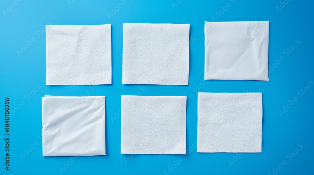 Six white napkins evenly arranged on vibrant blue background, minimalistic and clean layout with empty space Six white napkins evenly arranged on vibrant blue background, minimalistic and clean layout with empty space