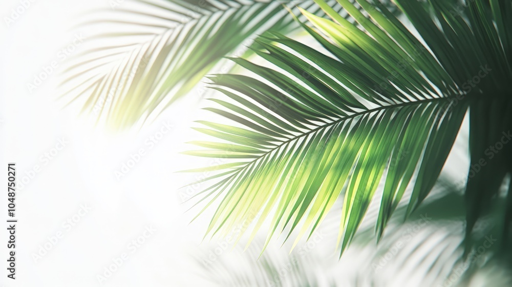 Fototapeta premium Close-up of green palm leaves with sunlight shining through.