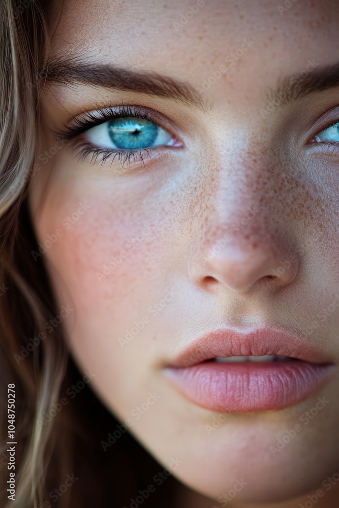 Closeup of a woman's face with striking blue eyes and freckles Closeup of a woman's face with striking blue eyes and freckles