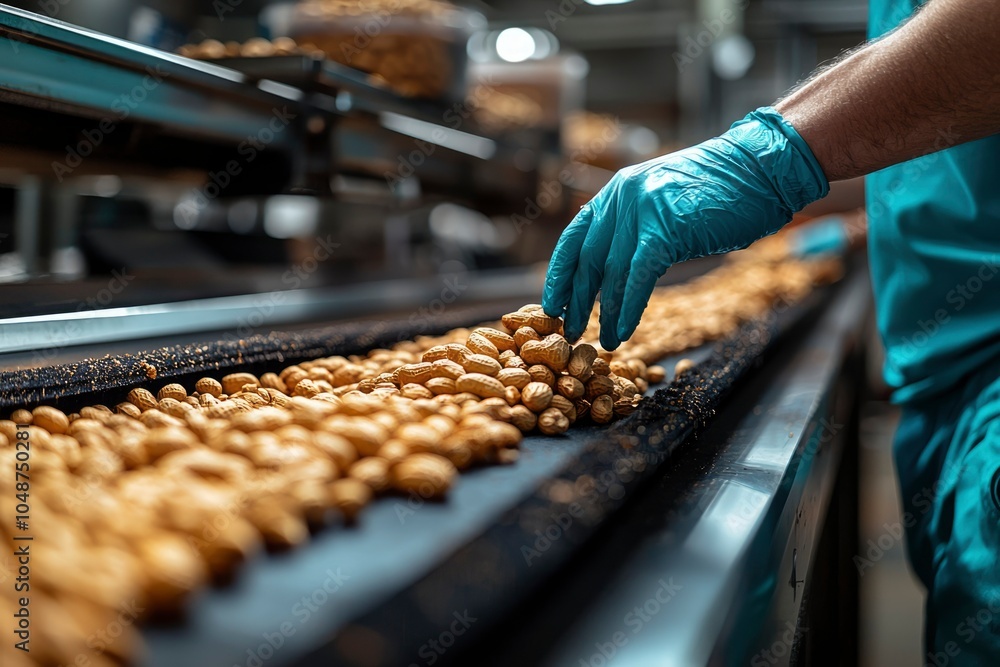 A gloved hand inspecting a pile of peanuts on a conveyor belt in a factory. A gloved hand inspecting a pile of peanuts on a conveyor belt in a factory.