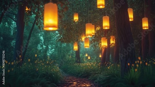 Magical Forest with Lanterns and Soft Glowing Light