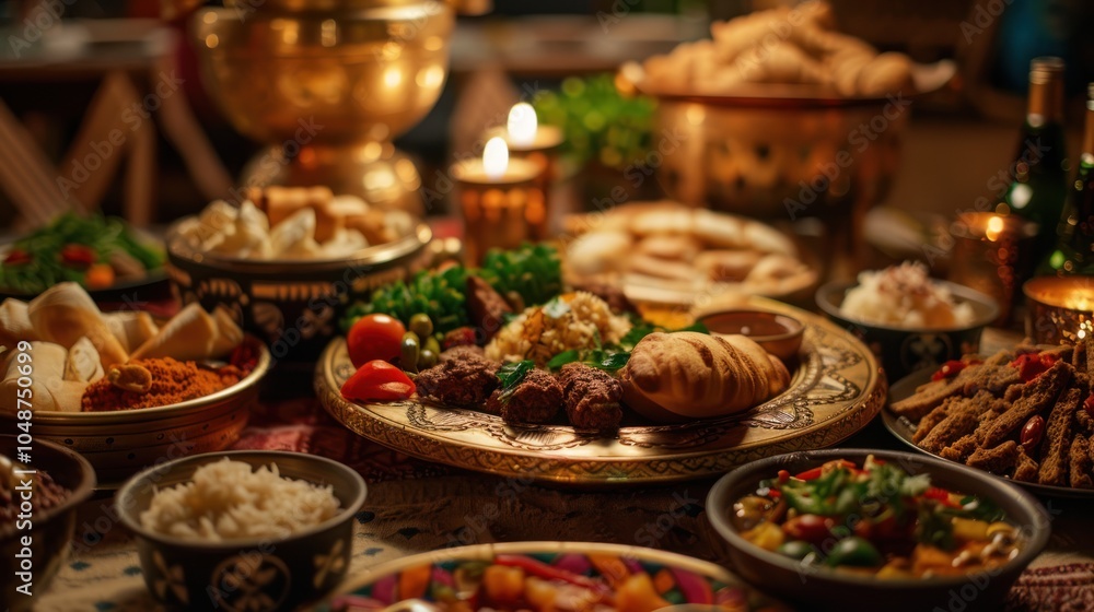 A Festive Table Setting with Various Dishes and Candles A Festive Table Setting with Various Dishes and Candles