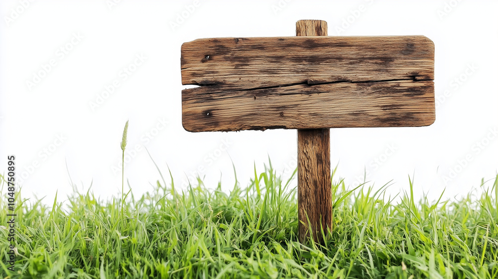 Weathered wooden signpost in green grass with rustic texture, space for text on isolated white background Weathered wooden signpost in green grass with rustic texture, space for text on isolated white background