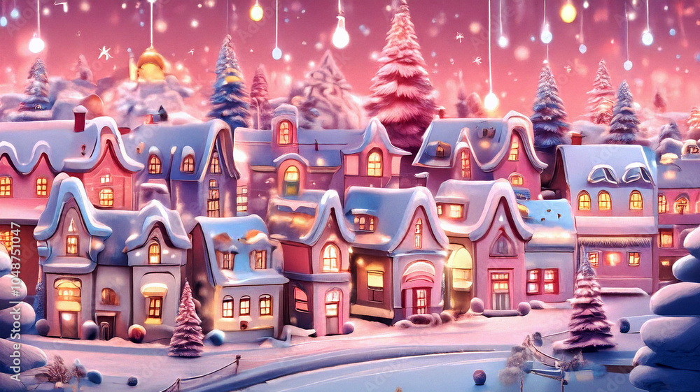Christmas Harmony in a Joyful Cartoon Wonderland with Christmas Trees, Cheerful Decorations, and Enchanting Details, Illuminating a Festive Village Christmas Harmony in a Joyful Cartoon Wonderland with Christmas Trees, Cheerful Decorations, and Enchanting Details, Illuminating a Festive Village