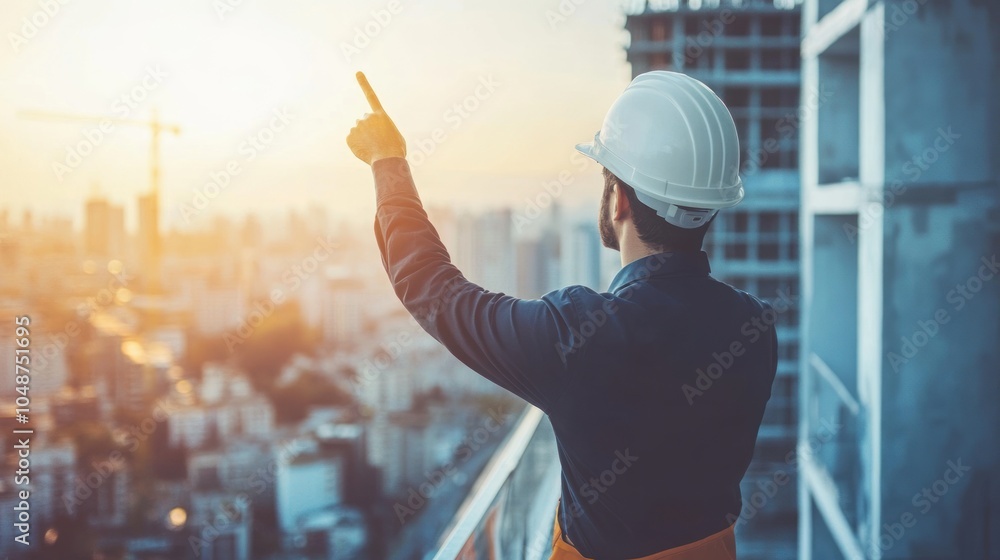 Site engineer supervising a team, hard hat on, pointing towards different construction areas to ensure smooth workflow. Site engineer supervising a team, hard hat on, pointing towards different construction areas to ensure smooth workflow.