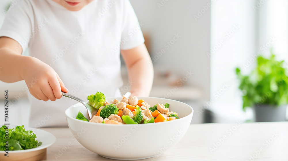 A child is eating a bowl of food with a spoon A child is eating a bowl of food with a spoon