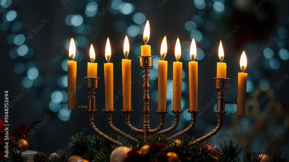 A festive menorah glowing brightly against a backdrop of twinkling lights, tradition, celebration A festive menorah glowing brightly against a backdrop of twinkling lights, tradition, celebration