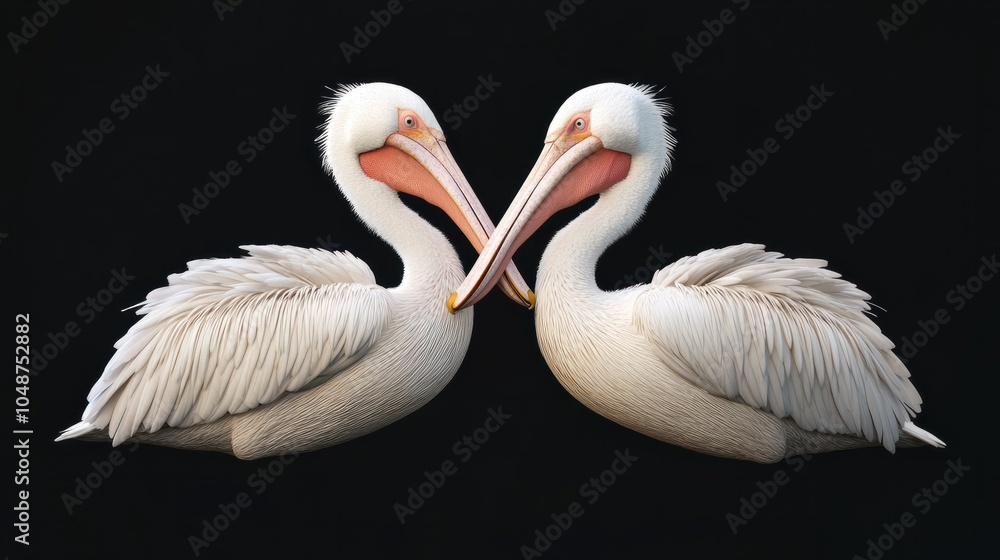 Tender Great White Pelicans (Pelecanus onocrotalus) kissing isolated on black background Tender Great White Pelicans (Pelecanus onocrotalus) kissing isolated on black background