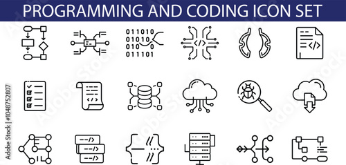 A set of 18 line icons representing various programming and coding concepts, including flowchart, code, database, cloud computing, and more.