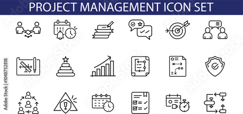 A set of 18 black and white line icons depicting various aspects of project management, including team collaboration, task scheduling, goal setting, and process flow.