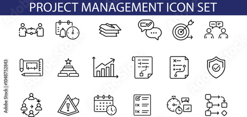 A collection of 18 project management icons in a line art style, featuring elements like calendars, timelines, communication, and strategy.