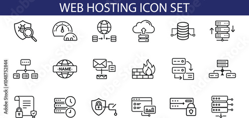 A collection of  line icons representing various aspects of web hosting services, including security, speed, network, email, backup, and more.