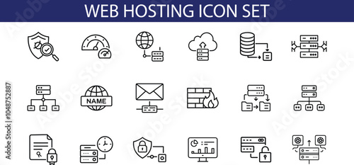 A set of  line icons representing various aspects of web hosting, including security, speed, domain names, email, servers, and more.