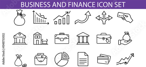 A set of 18 black line icons depicting business and finance concepts including money bags, graphs, banks, briefcases, credit cards, and more.