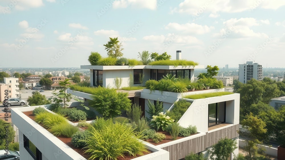 Fototapeta premium A modern self-sustaining home with a vibrant green roof and rainwater harvesting system, blending seamlessly with nature, smart home, sustainable design, green space