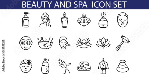 A set of 18 black line icons depicting various beauty and spa elements, including facials, massage, bath, lotions, and candles.