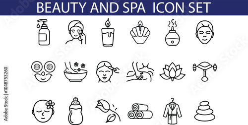A set of 18 line art icons representing various beauty and spa treatments, including facials, massage, aromatherapy, and more.