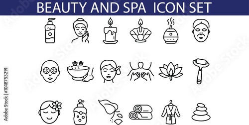 A set of 18 black outline icons representing beauty and spa treatments, including facial care, massage, relaxation, and aromatherapy.