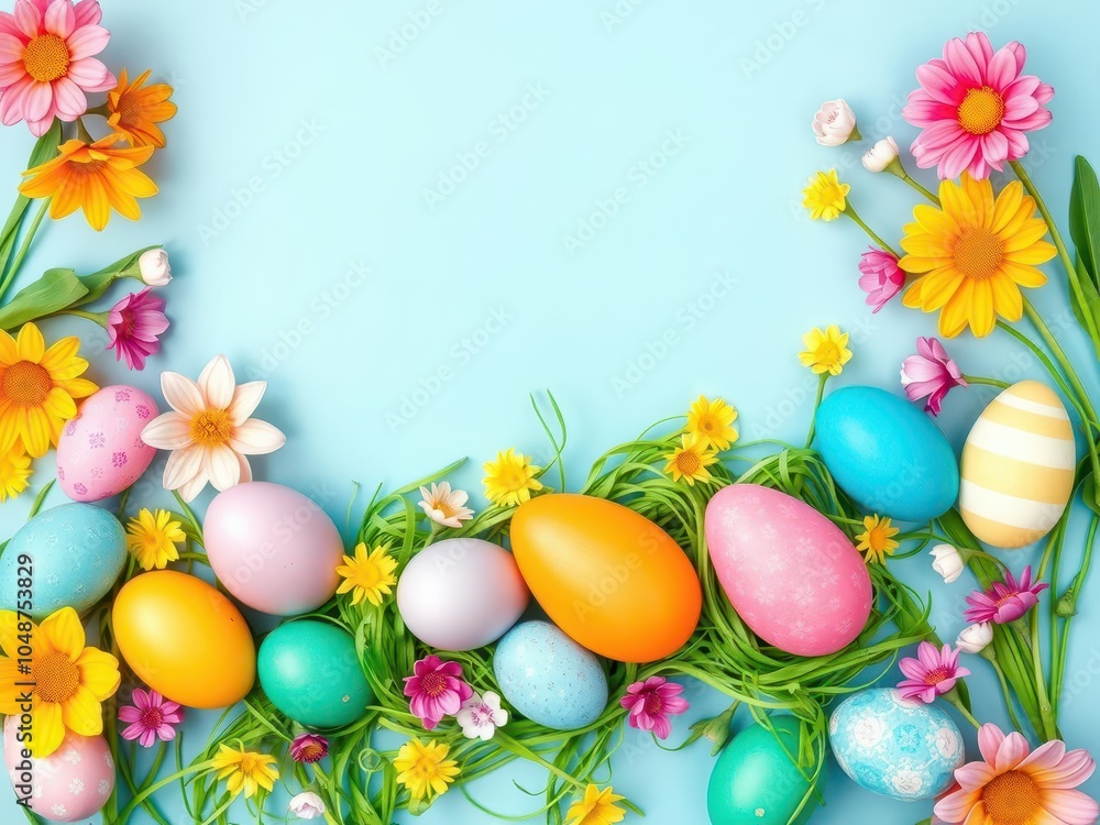 A vibrant assortment of pastel and bright Easter eggs arranged in a flat lay composition, celebration, multicolored A vibrant assortment of pastel and bright Easter eggs arranged in a flat lay composition, celebration, multicolored