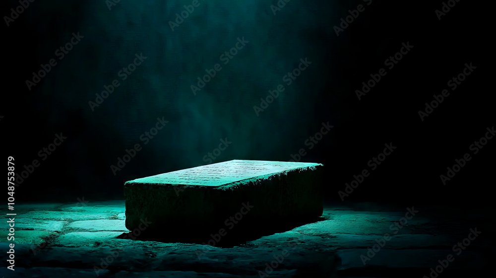Mysterious tombstone illuminated in eerie green light, dark background atmosphere. Mysterious tombstone illuminated in eerie green light, dark background atmosphere.