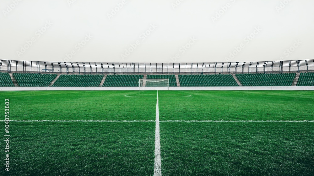 Fototapeta premium Soccer stadium with freshly lined field, goalposts in focus, and neatly arranged seating areas, against a plain white background.