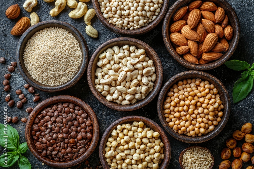 Assortment of Dried Legumes and Nuts in Wooden Bowls Assortment of Dried Legumes and Nuts in Wooden Bowls