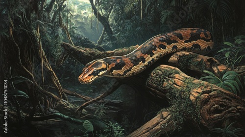 A boa constrictor slowly moving through dense jungle terrain, with its muscular body navigating over rocks and logs.