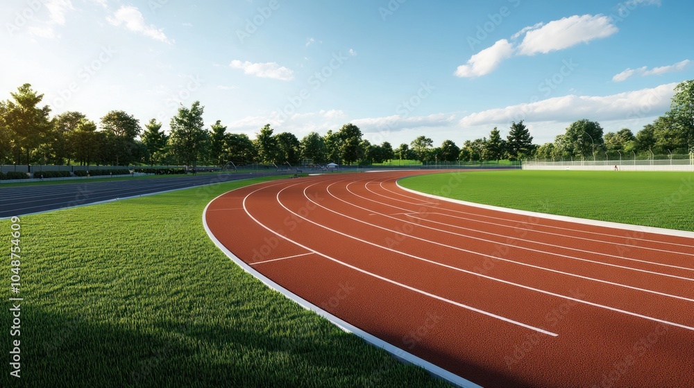 Fototapeta premium Stadium with a track field around the grass, showcasing its multifunctional design for both running and field events.