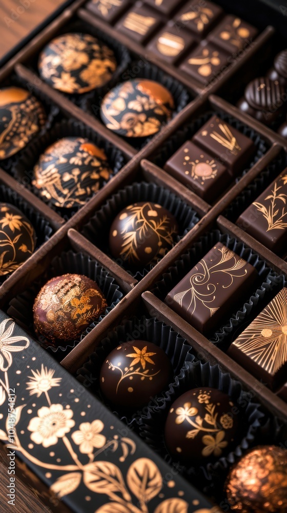 Luxurious chocolate truffle packaging in velvet-lined boxes, adorned with intricate gold foil patterns, making every opening a special experience Luxurious chocolate truffle packaging in velvet-lined boxes, adorned with intricate gold foil patterns, making every opening a special experience