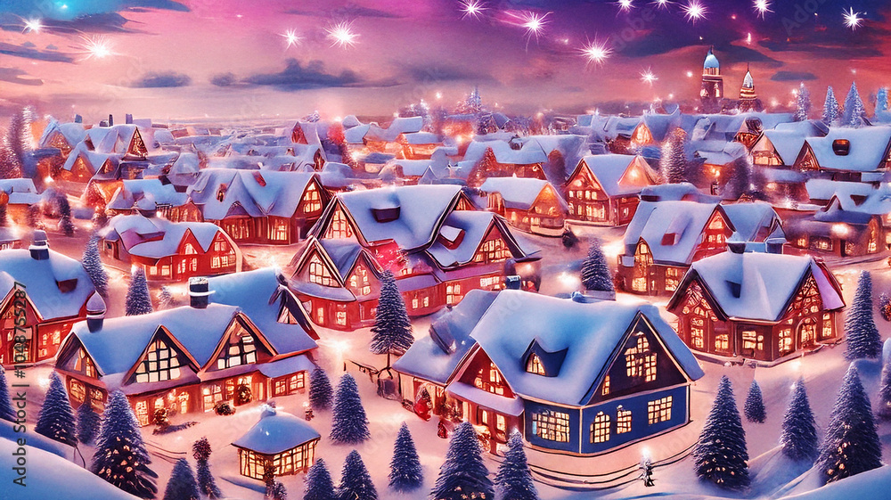 Naklejka premium Christmas Harmony in a Joyful Cartoon Wonderland with Christmas Trees, Cheerful Decorations, and Enchanting Details, Illuminating a Festive Village