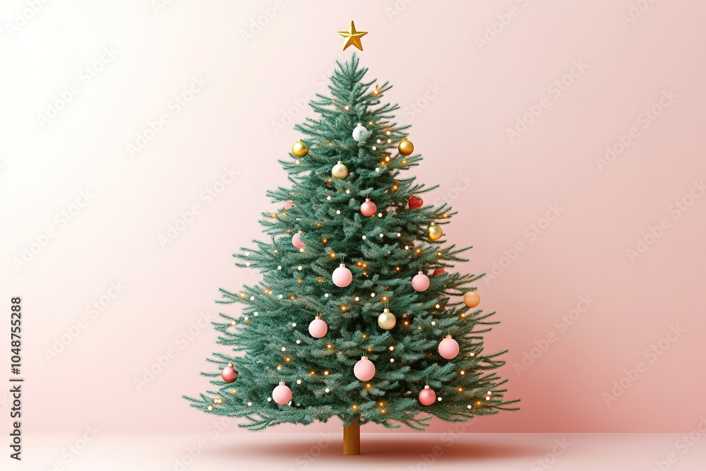 Christmas tree with golden star and pink ornaments on pastel bac Christmas tree with golden star and pink ornaments on pastel bac