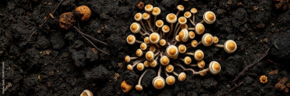 Close up view of intricate network of mushroom mycelium in dark soil, biology, ecology, organism Close up view of intricate network of mushroom mycelium in dark soil, biology, ecology, organism