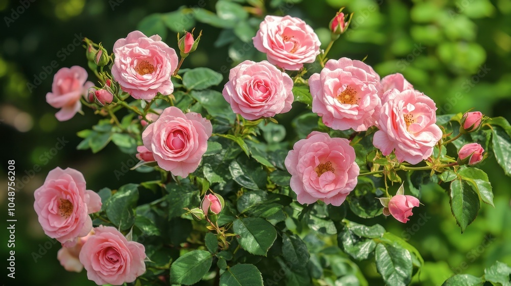 Obraz premium A bush of pink roses in full bloom, surrounded by lush green foliage on a sunny day.