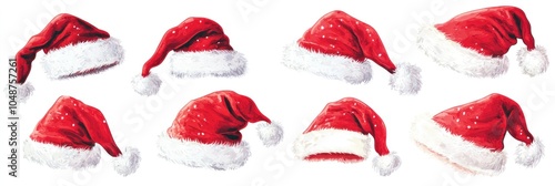 vector graphics of Set of red Christmas Santa Claus hats isolated on white background.